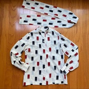 Black and red geometric print blouse and scarf